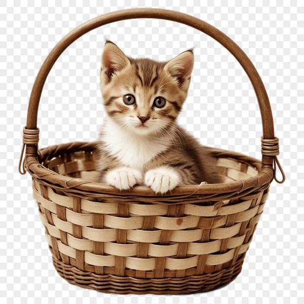 Whiskers in a Woven Nest A transparent PNG image of a small kitten sitting inside a woven basket.