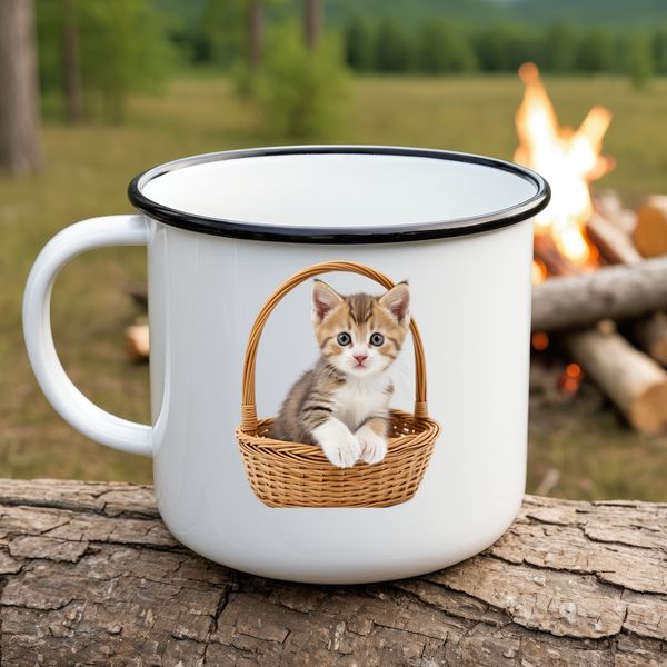 Whimsical Kitten in Woven Basket A kitten sitting in a woven basket with clear background.