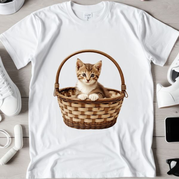 A transparent PNG image of a kitten sitting in a woven basket.