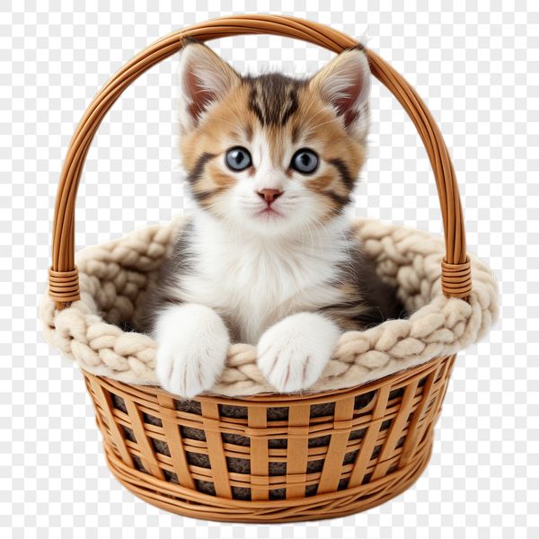A clear background illustration of a kitten placed in a wicker basket, suitable for commercial or personal use.