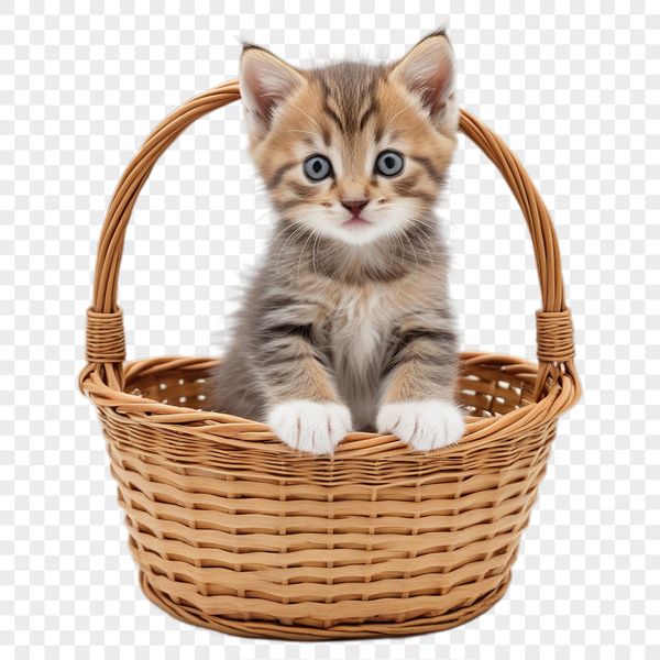 Adorable Kitten in Basket A cute kitten sitting in a woven basket on a transparent background.