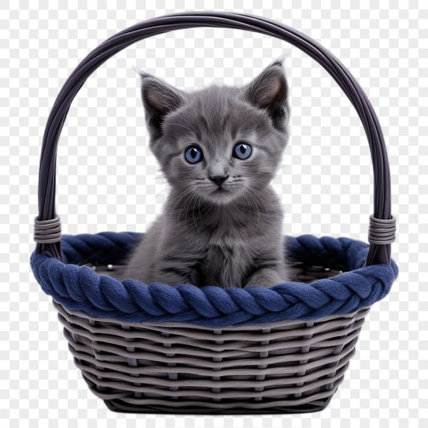 Whimsical Kitten in a Transparent Basket A transparent PNG file featuring a whimsical basket containing a kitten.