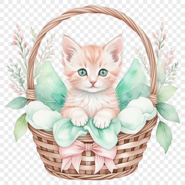 A high-resolution PNG image of a cute kitten sitting in a basket.