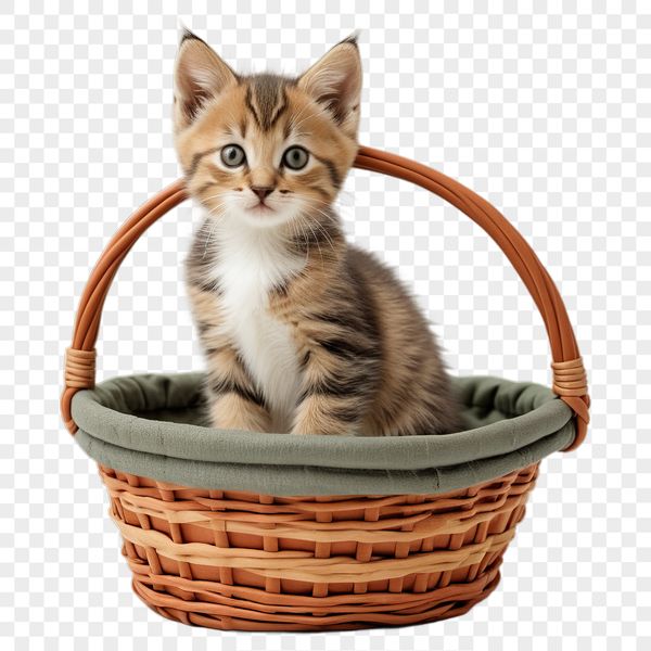 Whimsical Cat Basket Illustration A high-resolution PNG image of a cat basket with a clear background.