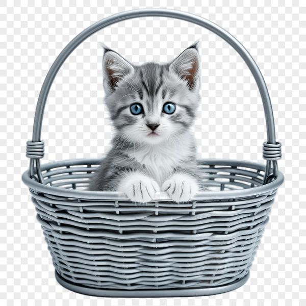 A transparent PNG image featuring a cute kitten sitting in a woven basket.