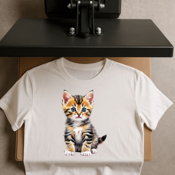 Whiskered Friend on a Clear Background A small kitten sitting on a surface with a clear background, suitable for printing or digital use.