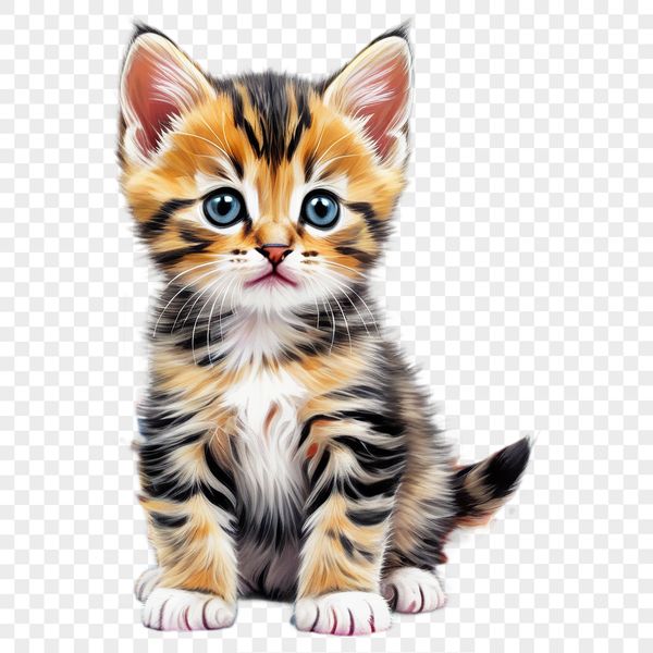 Grey and White Kitten Silhouette PNG A small grey and white kitten sitting on a surface with a clear background.