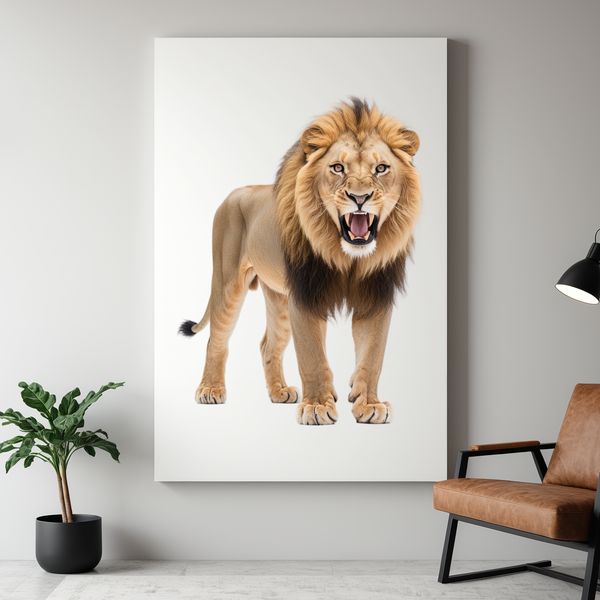 Golden Maned Lion Portrait A large, majestic lion with golden fur and a shaggy mane, standing on a clear background.