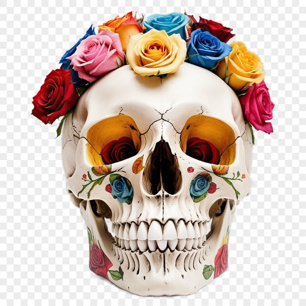 High Res Floral Skull Image A clear image of a skull with a transparent background, suitable for sublimation printing and commercial use.