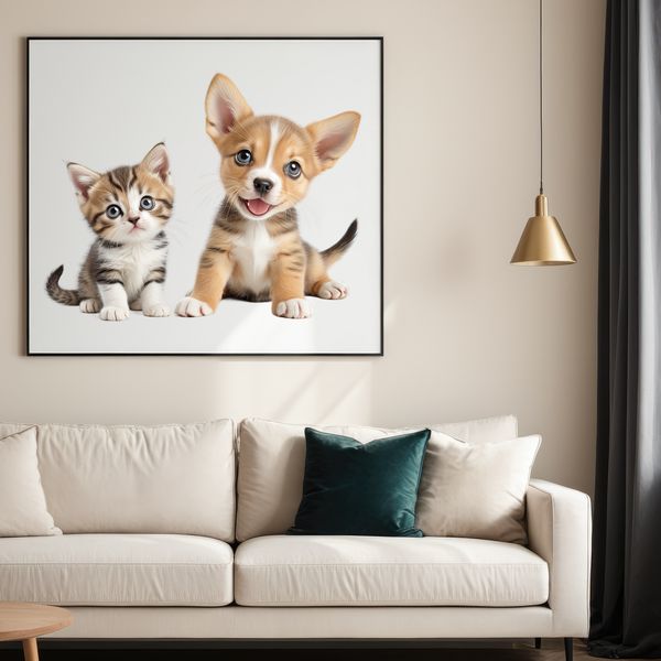 A cute puppy and kitten sitting together on a transparent background for personal or commercial use.