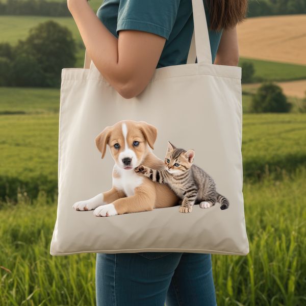 A cute puppy kitten standing together in a playful pose.