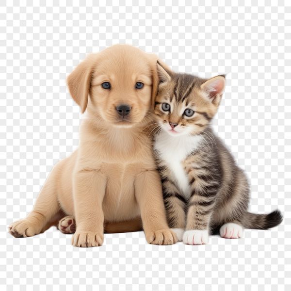 A playful mix of a puppy and kitten sitting together on a transparent background.