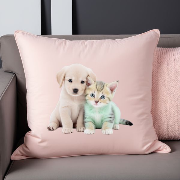 A cute puppy and kitten sitting together on a clear background, suitable for printing or digital use.