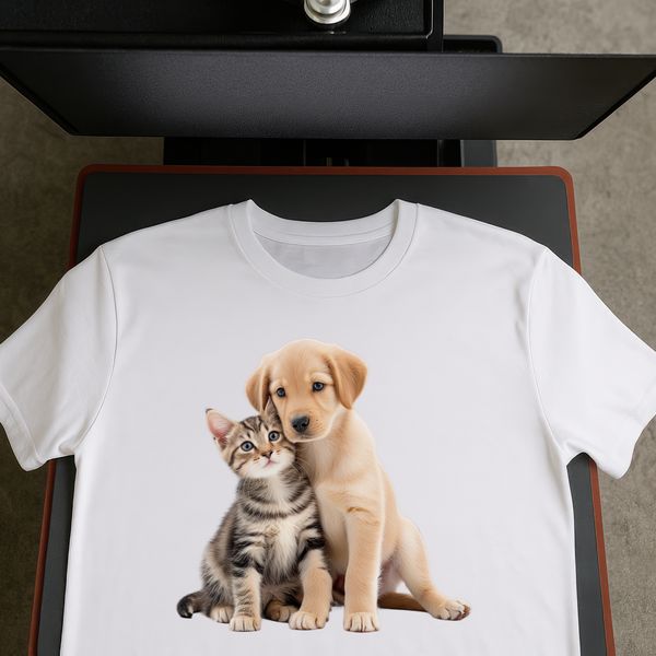 Whimsical Animal Friends Illustration A high-resolution PNG image of a puppy and kitten sitting together on a clear background.