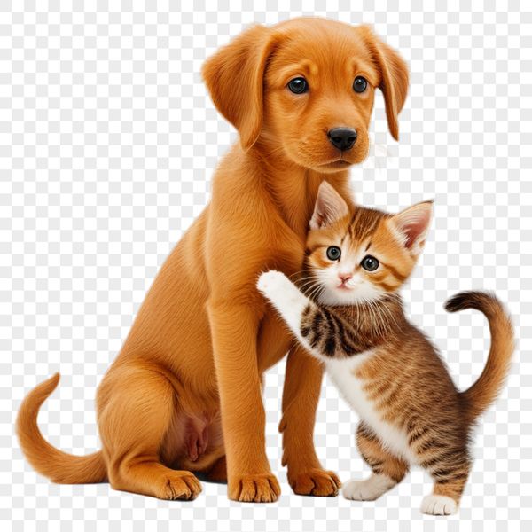 A cartoon puppy and kitten sitting together on a white background.
