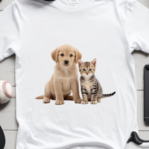 Mixed Breed Pup & Kitty A mixed-breed puppy and kitten sitting together on a transparent background, suitable for commercial or personal use.