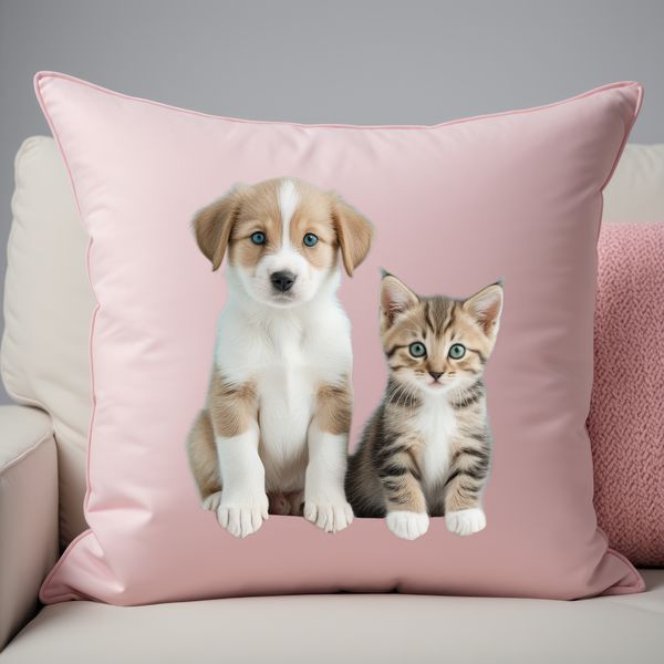 A mixed-breed puppy and kitten sitting together on a plain background.
