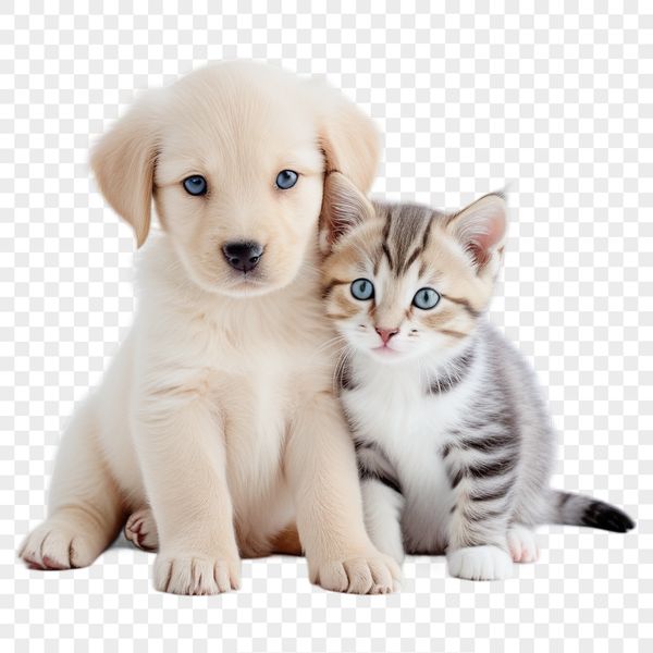 A playful mix of a puppy and kitten sitting together.