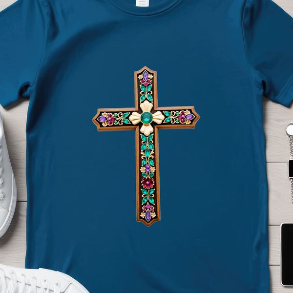 Christian Cross Design with Floral Embellishments A transparent high-resolution image of a Christian cross with floral details.