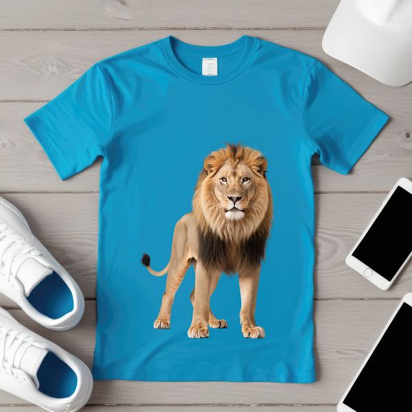 A large, majestic lion with a golden coat in a clear background.