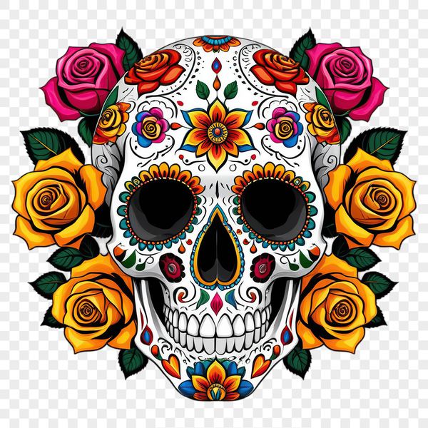 Floral Skull PNG Design A clear PNG image of a skull with a simple floral pattern in the background.