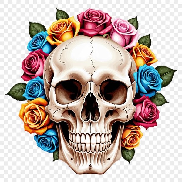 A transparent skull illustration with a clear background, suitable for sublimation and high-resolution printing.