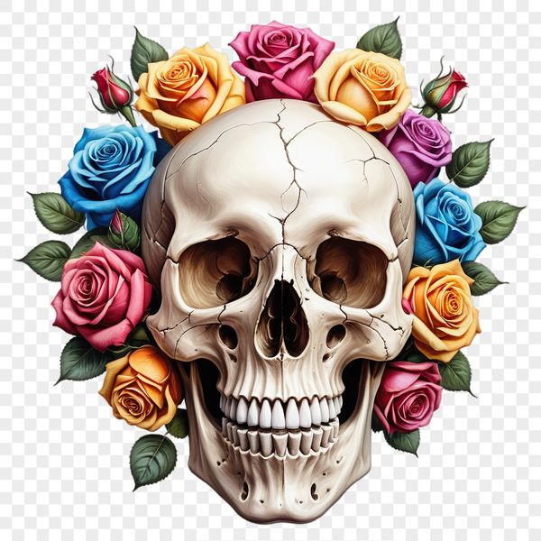 Floral Skull Silhouette A transparent PNG image of a detailed floral-patterned skull with a clear background.