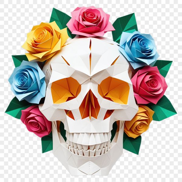 Close-up of a stylized skull with floral patterns and intricate details against a transparent background.