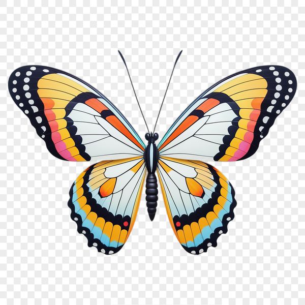 A high-resolution illustration of a colorful butterfly with clear transparent background.