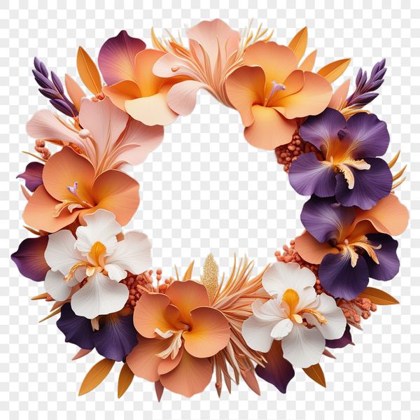 A digital floral wreath with a transparent background, suitable for commercial and personal use.