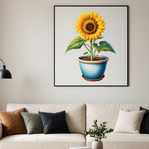 Simple White Planter A large, bright yellow sunflower with dark centers sits in a simple white flower pot.
