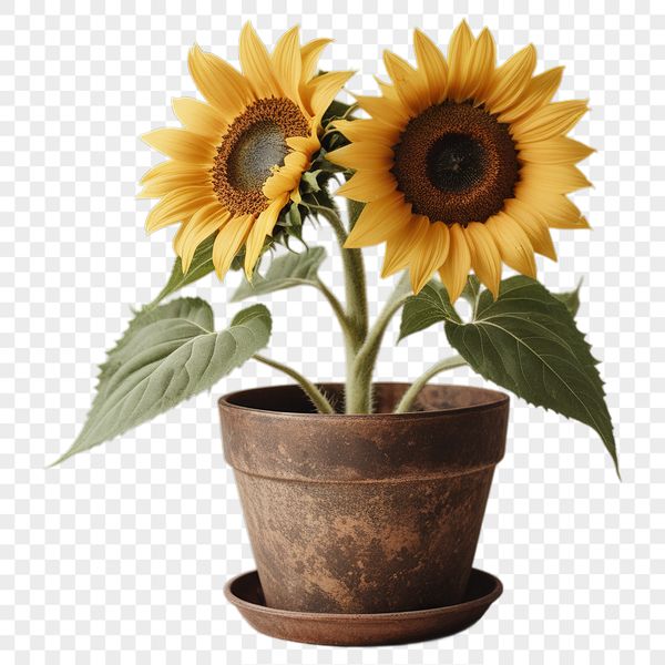 A high-resolution transparent sunflower in a simple flower pot, suitable for commercial and personal use.