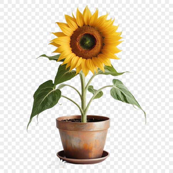 A close-up of a bright yellow sunflower with dark center in a clear background.