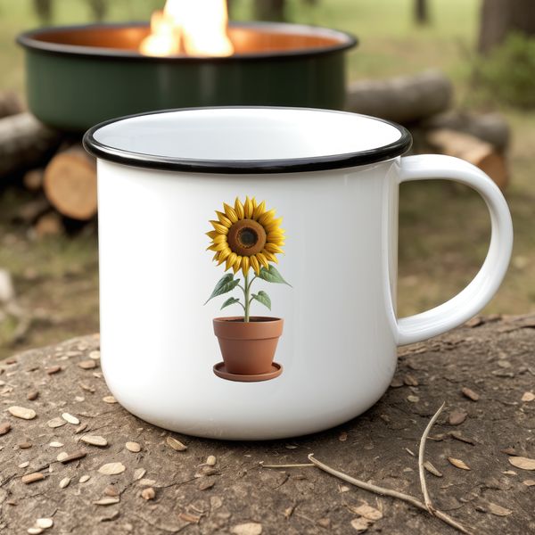 Beautiful Single Sunflower Illustration A high-resolution illustration of a single large yellow sunflower in a flower pot with clear background.