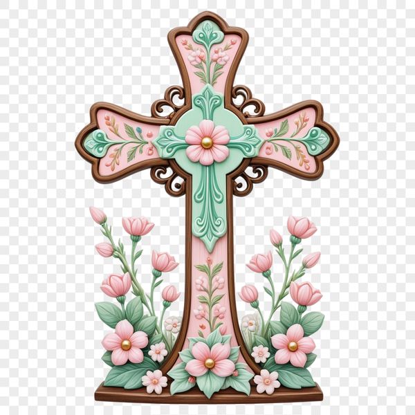 A transparent PNG image of a traditional cross with intricate details, suitable for various uses.