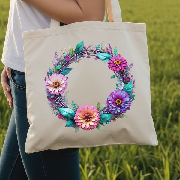 A floral wreath made from various colorful flowers and foliage elements.
