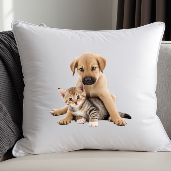 A small, adorable puppy and kitten sitting together on a transparent background.