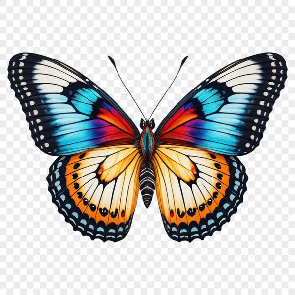 A colorful butterfly with intricate details in high resolution on a transparent background.