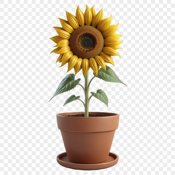 A high-resolution, transparent PNG image of a single sunflower in a flower pot on a clear background.
