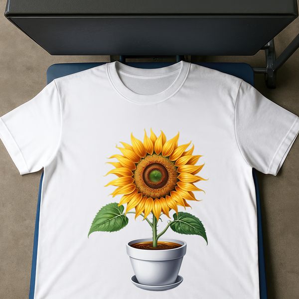 Tall Yellow Sunflower in a White Pot A single, tall sunflower plant with large yellow petals and dark center, growing in a flower pot against a clear background.