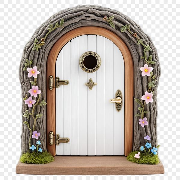 A whimsical fairy door with intricate details, suitable for commercial and personal use in various projects.