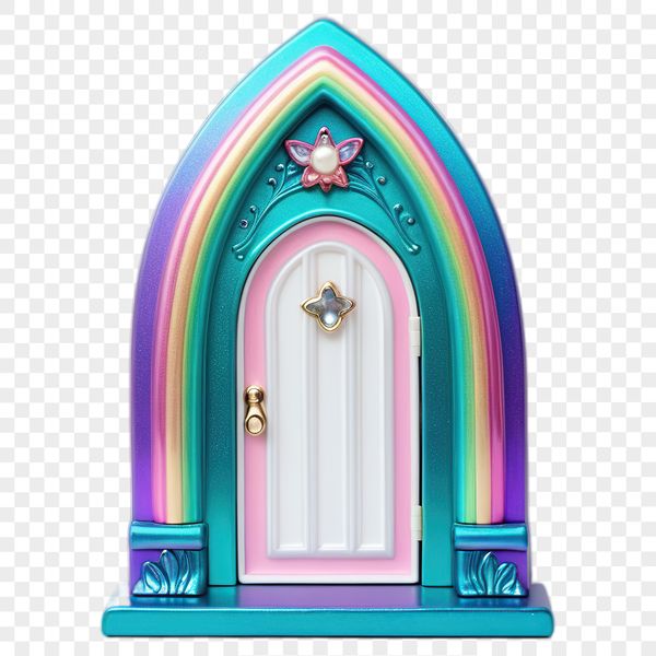 Ornate Miniature Entrance A small, ornate door with a rounded top and delicate details, set against a clear background.