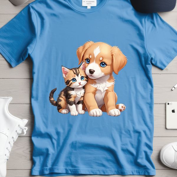 Playful Feline Canine Friends A cute puppy and kitten sitting together on a white background.