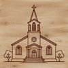 A simple illustration of a traditional Baptist church building with a steeply pitched roof and tall steeple.