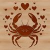 Love is Shell-fish A stylized illustration of a crab with heart symbols incorporated into its design.