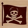 A stylized illustration of a pirate character with a flag in hand.