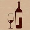 A detailed illustration of a wine glass filled with red wine from a bottle.
