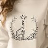 Wildlife Illustration - Giraffe in Savanna An illustration of a giraffe in a natural savannah setting with leaves and flowers.