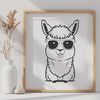 Trendy Alpaca in Shades A cartoon-style alpaca wearing trendy sunglasses on a bright green background.