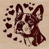 A cartoon Boston Terrier dog with heart accents on its head.